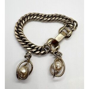 Vintage P1K Heavy Unique 7'' Bracelet Gold Tone‎ Caged Faux Pearl Charms Retro